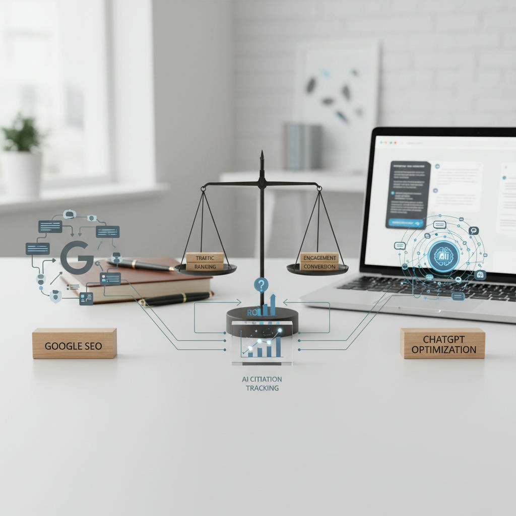 Editorial hero image illustrating: Google SEO vs ChatGPT Optimization: Which Strategy Works Better?