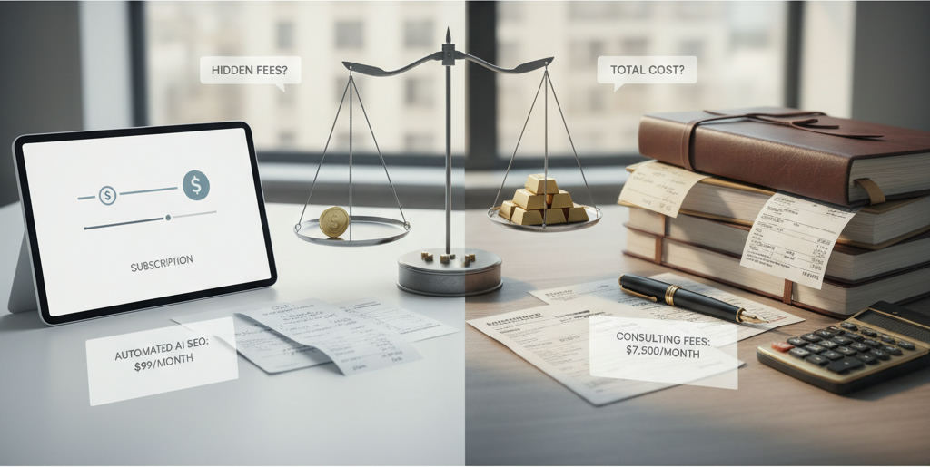 Editorial hero image illustrating: Automated AI SEO vs Manual Consultant Cost: What You Actually Pay