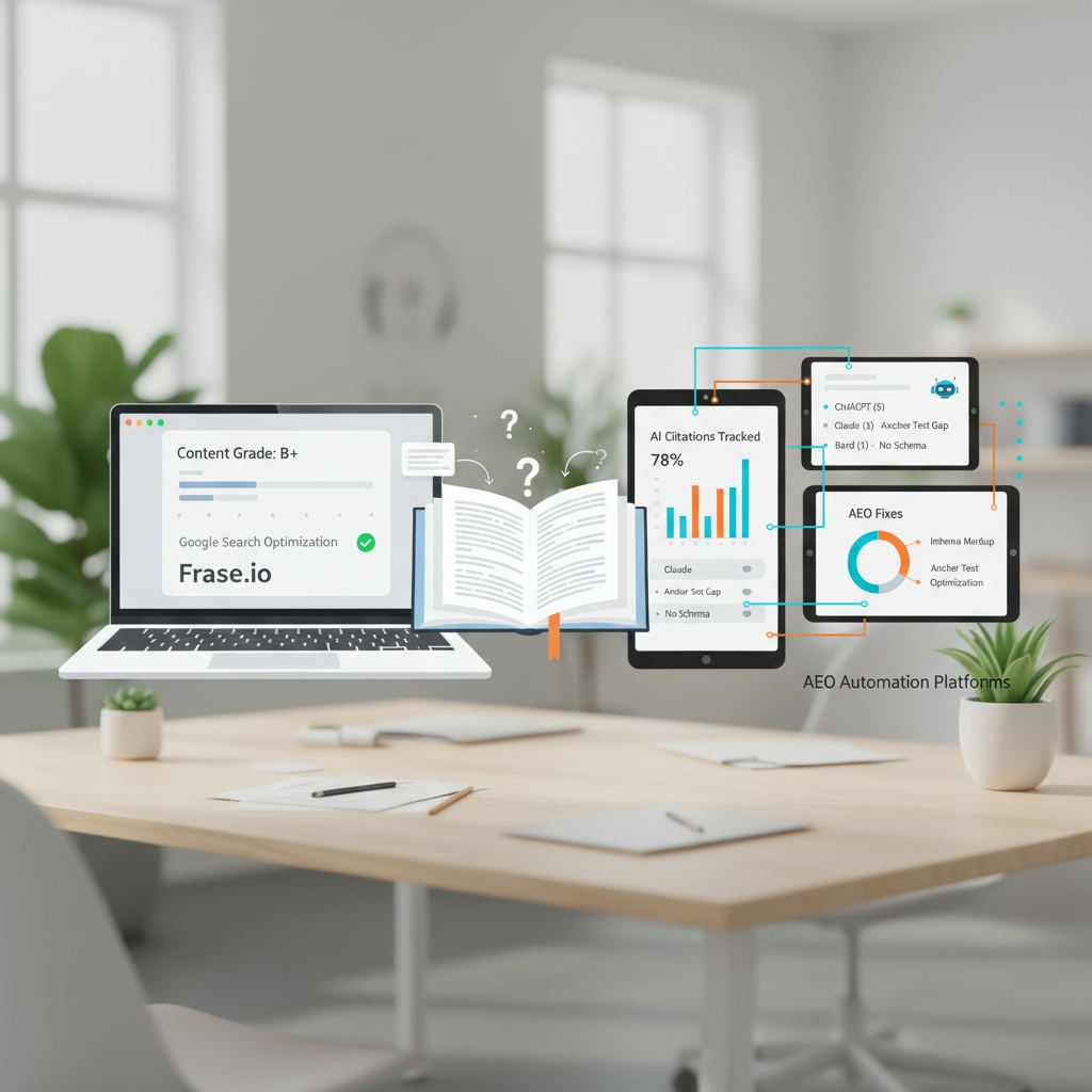 Editorial hero image illustrating: Frase.io vs Dedicated AEO Automation Platforms: Which Actually Gets You Cited?