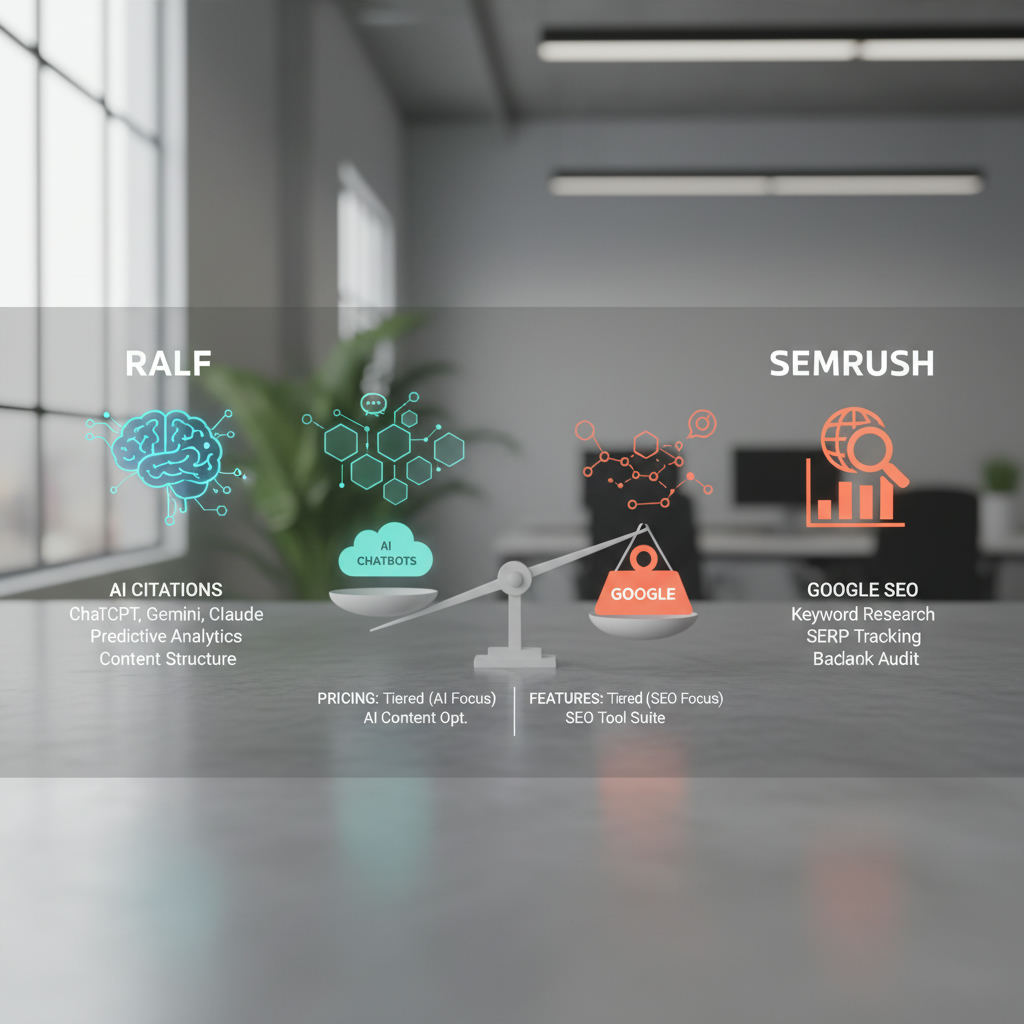 Editorial hero image illustrating: Ralf vs Semrush: Which One Actually Gets You Cited by AI?