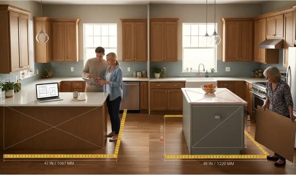 Editorial hero image illustrating: Kitchen Peninsula vs Island: Space Requirements Compared